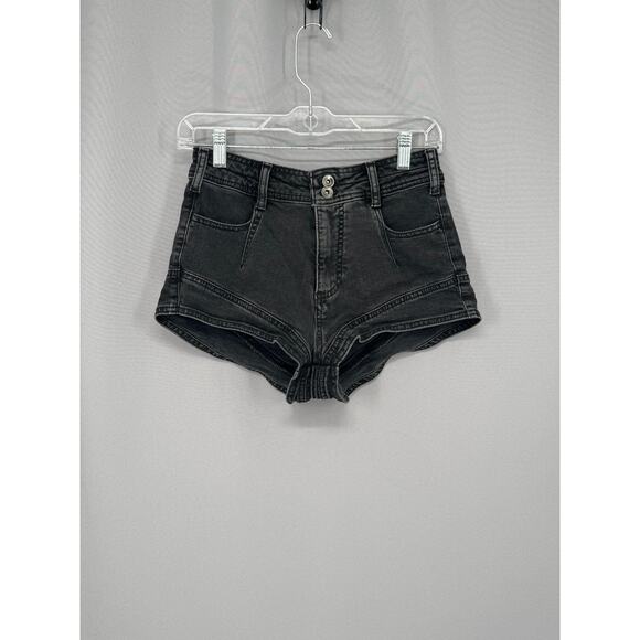 Pilcro Shorts Womens 25 Black Gray Denim MidRise Curved Hem Retro Daisy Dukes - Picture 1 of 15